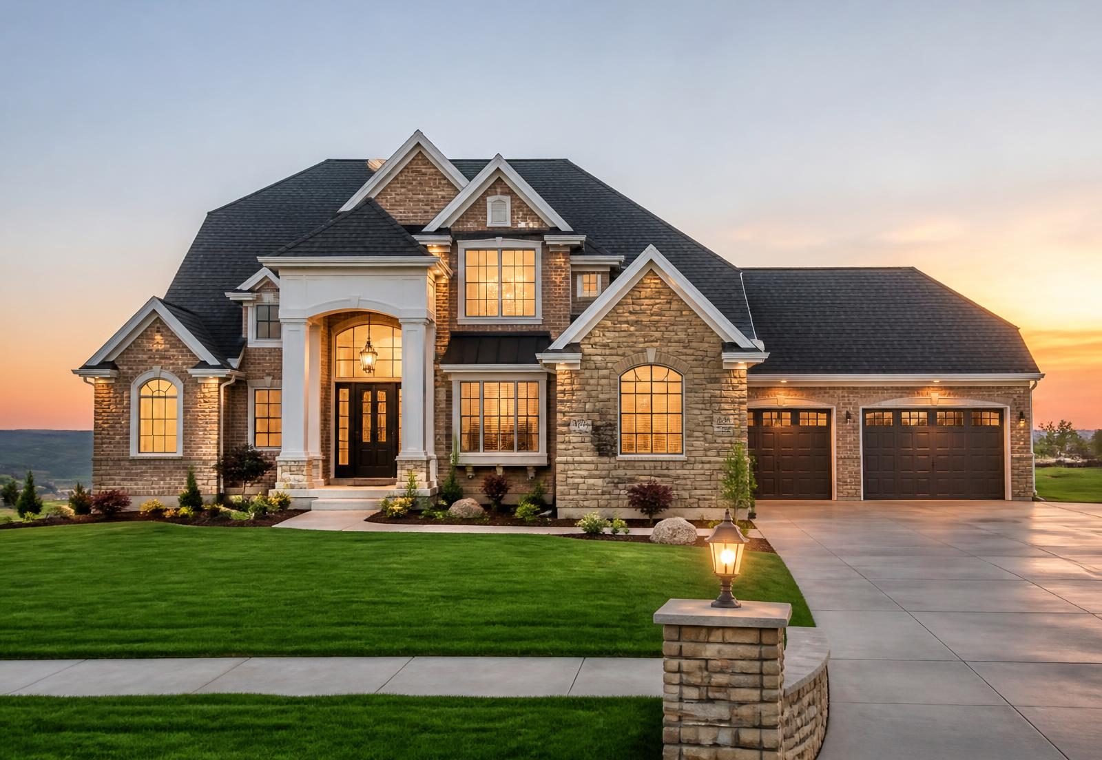 Brick home with a lit front porch at dusk in Douglasville, Georgia